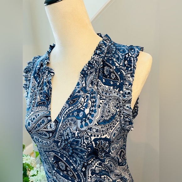 MICHAEL KORS Paisley Dress Floral V-Neck Ruffle Sleeveless Blue White - Picture 3 of 11